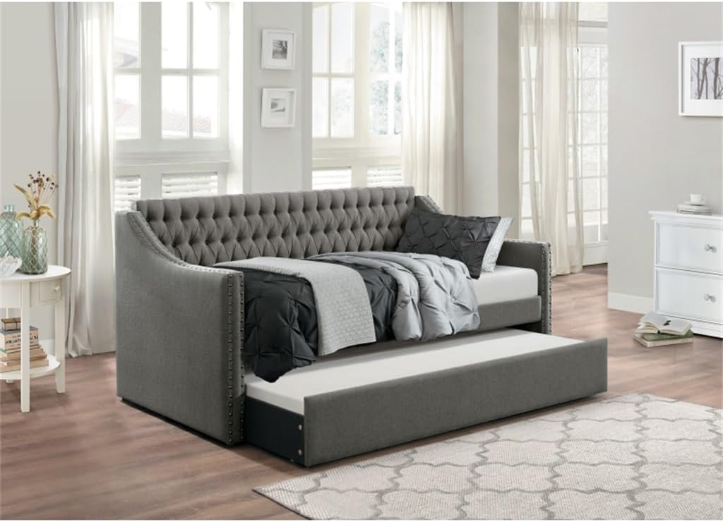 buy dark gray trundle daybed,dark gray daybed worth buying,trundle daybed pros cons,best button tufted daybed,should I buy a trundle daybed,dark gray fabric sofa bed unboxing and complete package contents