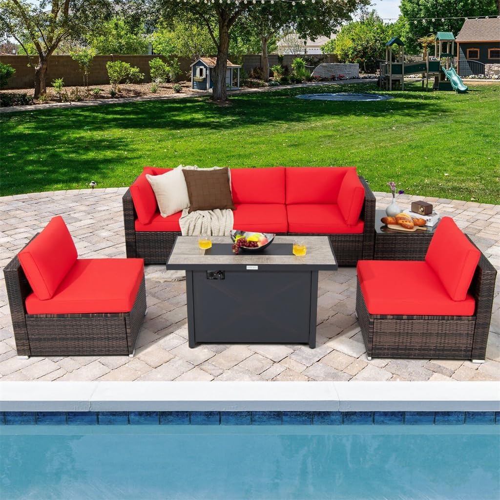 buy patio rattan sofa fire table set,patio sofa set with fire pit worth buying,rattan fire pit set pros and cons,best 7-piece outdoor sofa fire table,should I buy a rattan fire pit sofa set,patio furniture with fire table vs alternatives unboxing and complete package contents