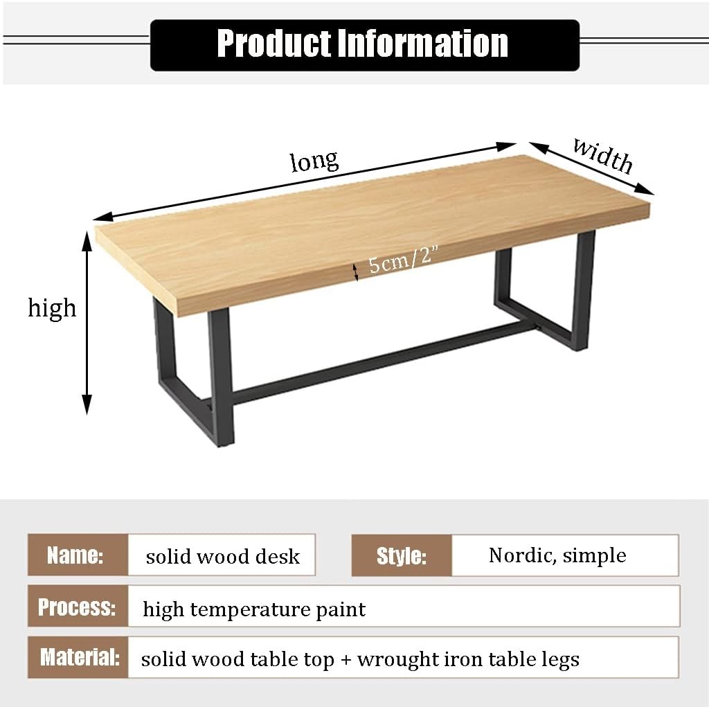 Step-by-step assembly guide for the solid wood office desk, demonstrating the easy connection of the metal legs to the thick wooden top