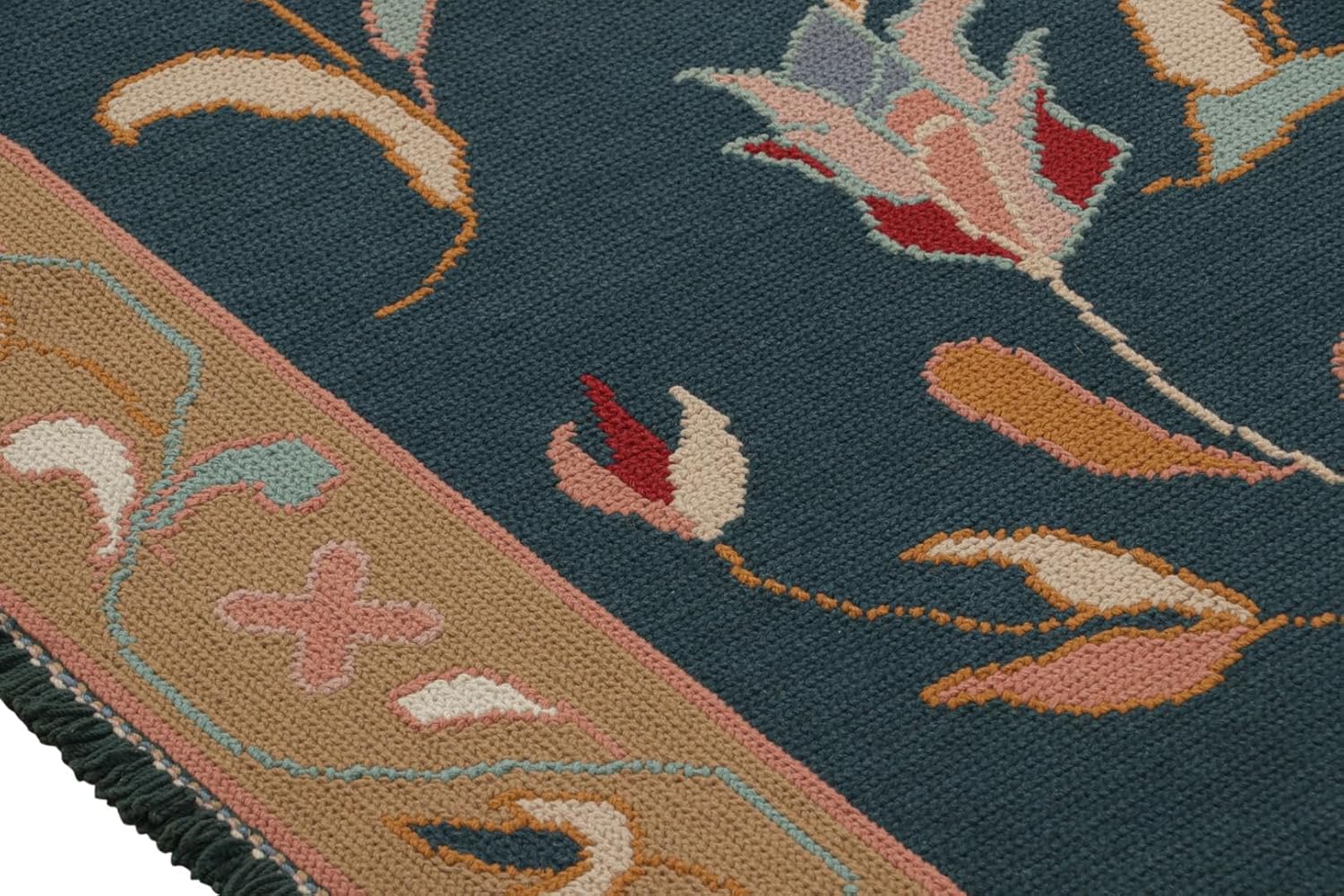 Step-by-step placement guide for a long vintage runner rug in a hallway setting, demonstrating the visual impact of the best Portuguese needlepoint rugs