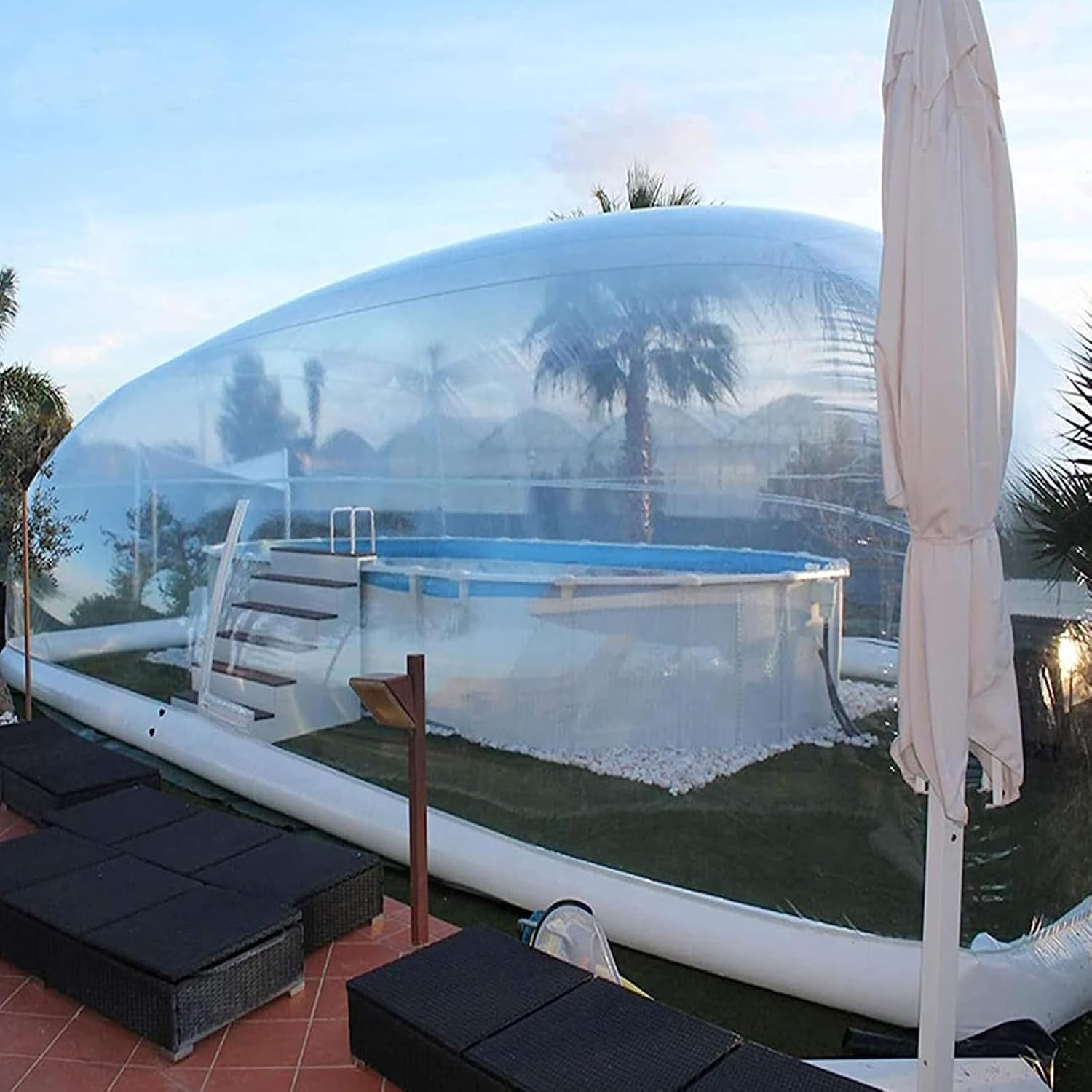 inflatable pool dome worth buying,should I buy an inflatable pool dome,inflatable pool dome pros cons,best inflatable pool cover,inflatable pool dome vs hard cover,solar pool dome honest opinion unboxing and complete package contents