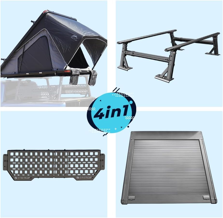syneticusa retractable hard tonneau cover with tent for ford super duty,best retractable tonneau cover with rack and tent for ford f-250,syneticusa truck bed cover with rooftop tent pros and cons,ford super duty retractable cover with molle panel,should i buy syneticusa overland truck bed system,syneticusa retractable cover vs bakflip for f-350 unboxing and complete package contents